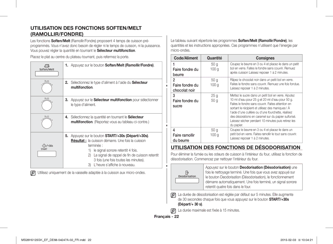 Samsung MS28H5125GK/EF Utilisation DES Fonctions SOFTEN/MELT RAMOLLIR/FONDRE, Utilisation DES Fonctions DE Désodorisation 