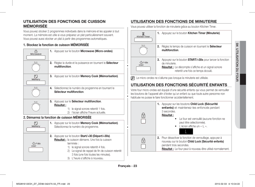 Samsung MS28H5125GK/EF manual Utilisation DES Fonctions Sécurité Enfants, Multifonction, Sélecteur multifonction 