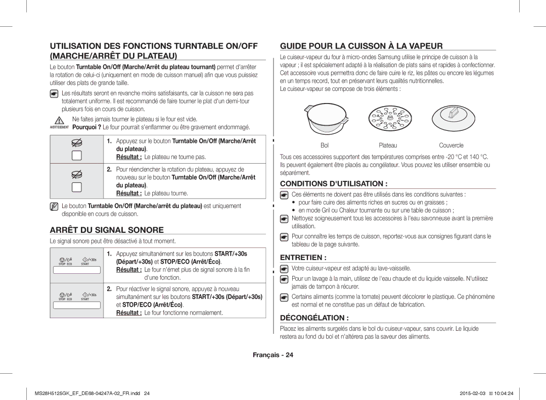 Samsung MS28H5125GK/EF manual Arrêt DU Signal Sonore, Guide Pour LA Cuisson À LA Vapeur, Conditions Dutilisation, Entretien 