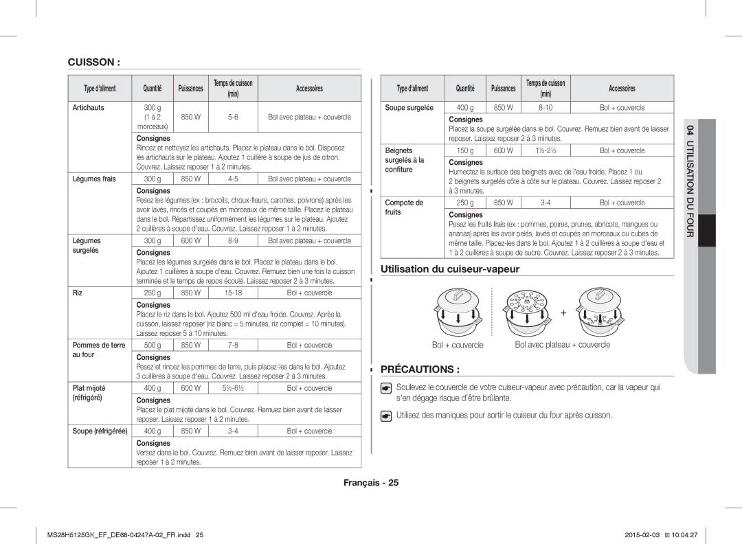 Samsung MS28H5125GK/EF manual Cuisson, Précautions, Accessoires, Bol + couvercle 