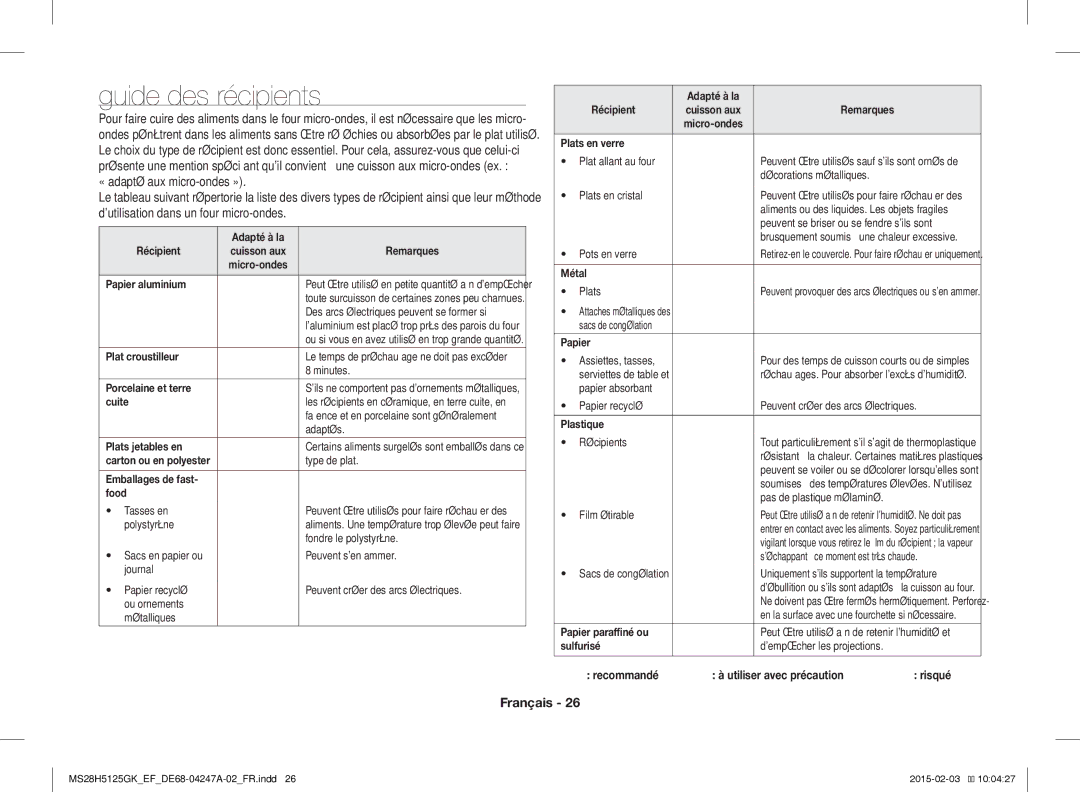 Samsung MS28H5125GK/EF manual Guide des récipients 