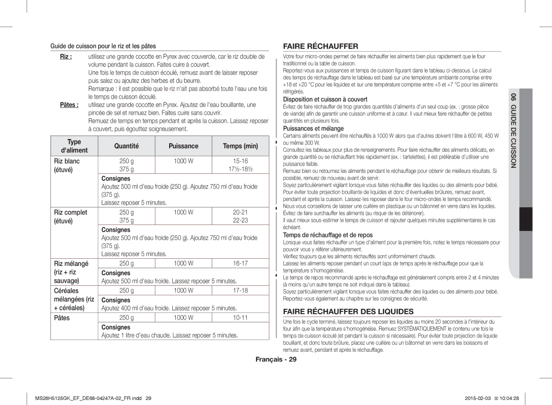 Samsung MS28H5125GK/EF manual Faire Réchauffer DES Liquides, Type Quantité Puissance Temps min Daliment 