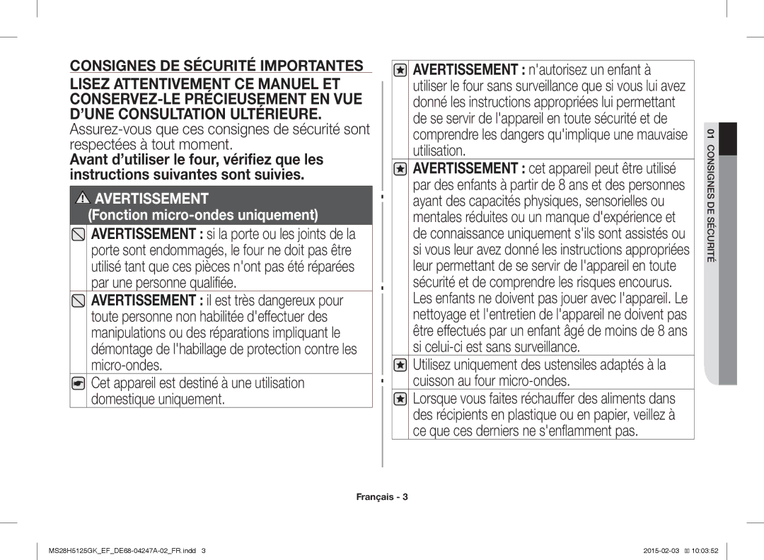 Samsung MS28H5125GK/EF manual Avertissement 