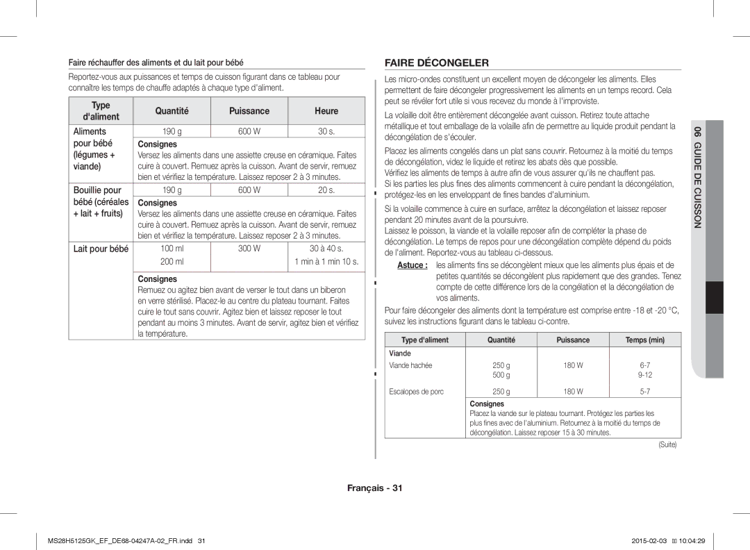 Samsung MS28H5125GK/EF manual Faire Décongeler, Type Quantité Puissance Heure Daliment Aliments 190 g, Viande 