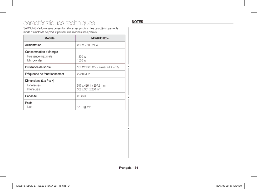 Samsung MS28H5125GK/EF manual Caractéristiques techniques, Modèle MS28H5125, 100 W/1000 W 7 niveaux IEC-705 