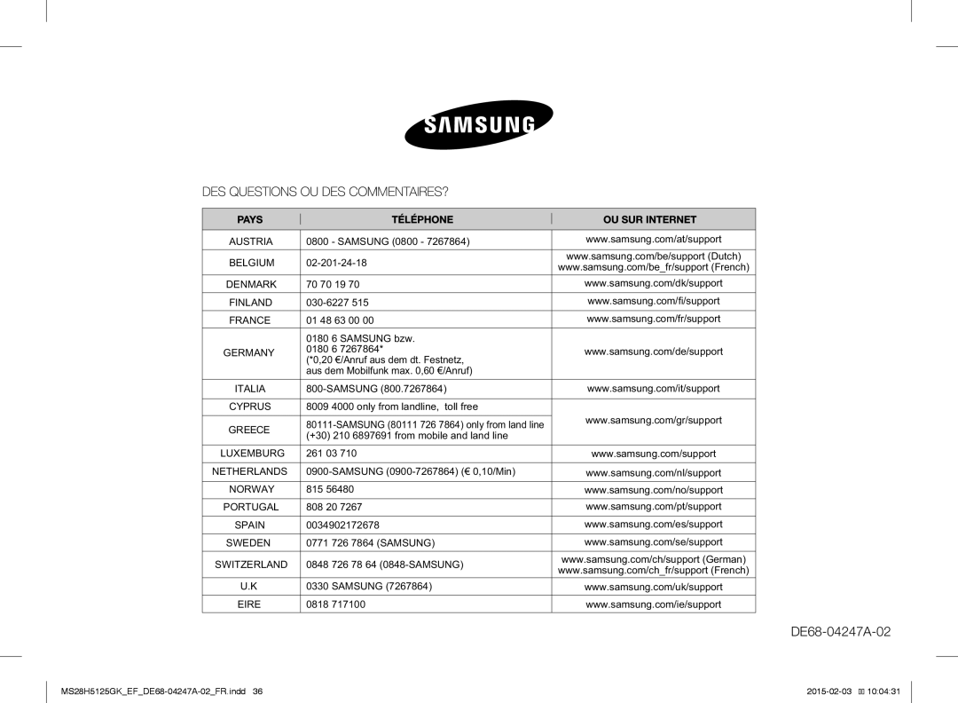 Samsung MS28H5125GK/EF Samsung 0800, 02-201-24-18, 70 70 19, 030-6227, 01 48 63 00 0180 6 Samsung bzw, 261 03, 815, 808 20 