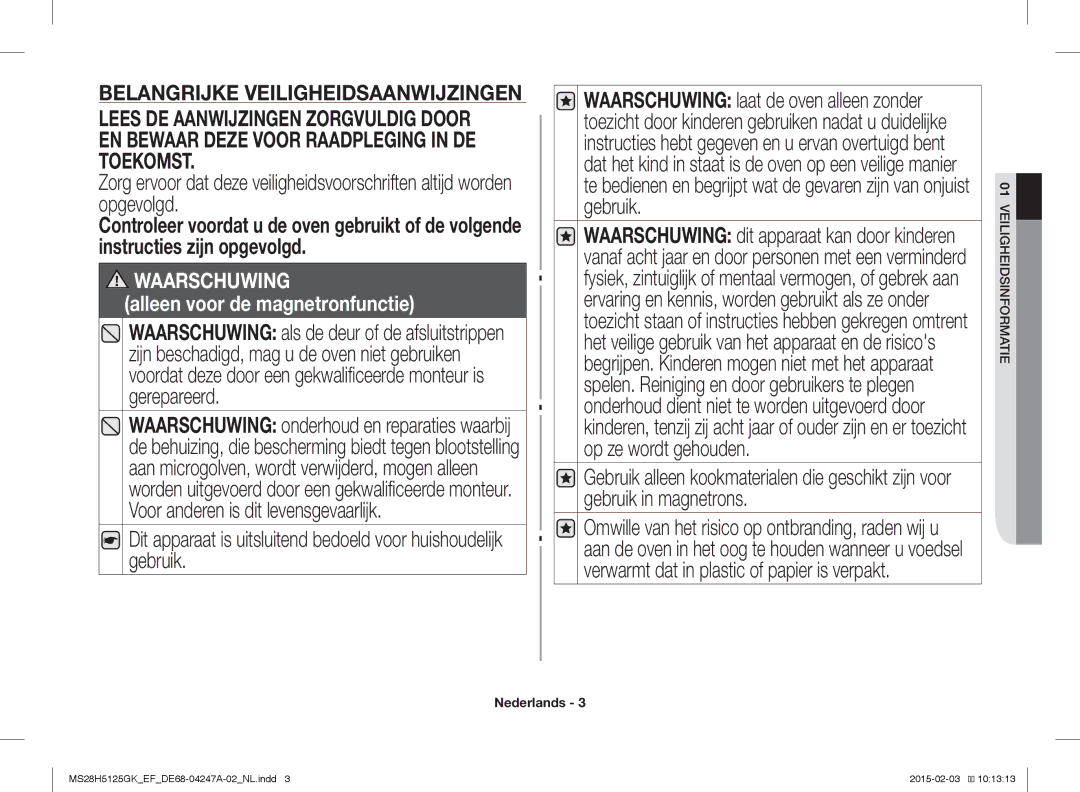 Samsung MS28H5125GK/EF manual Waarschuwing 