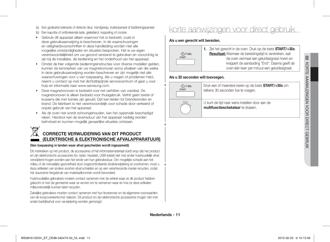 Samsung MS28H5125GK/EF manual Als u een gerecht wilt bereiden, Als u 30 seconden wilt toevoegen 