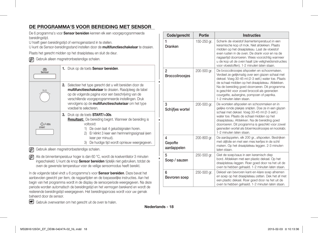 Samsung MS28H5125GK/EF manual DE Programmas Voor Bereiding MET Sensor, Druk op de toets Sensor bereiden 