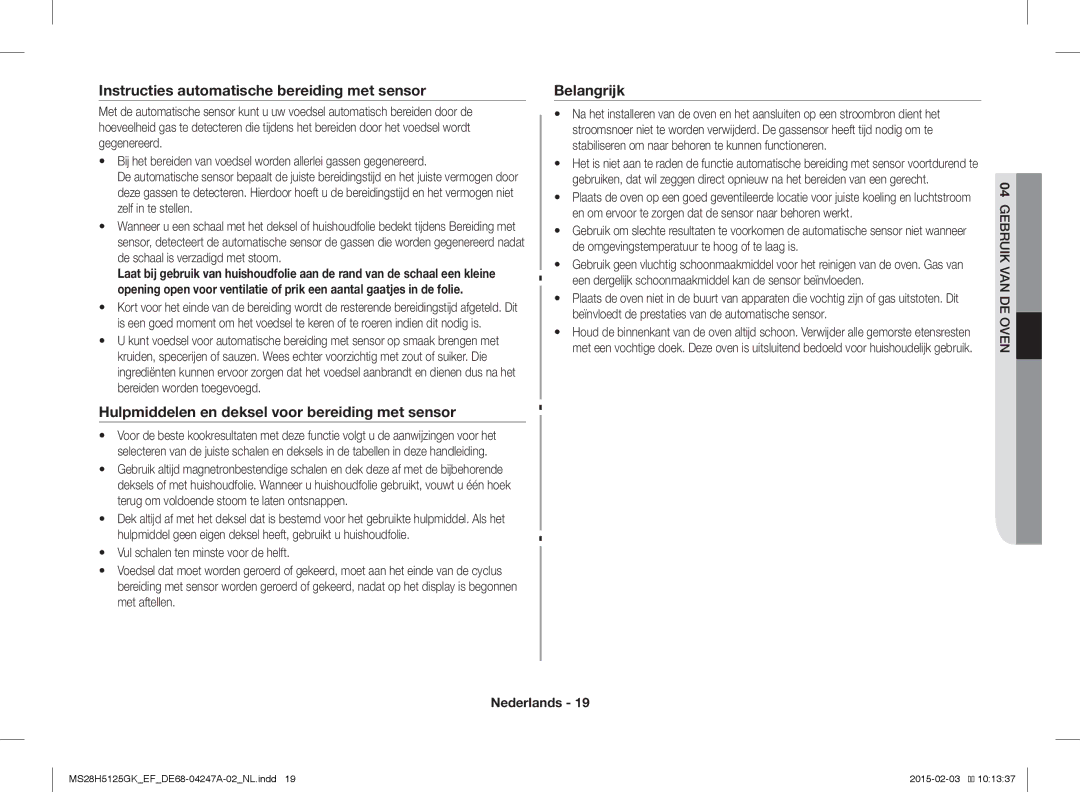 Samsung MS28H5125GK/EF manual Instructies automatische bereiding met sensor 