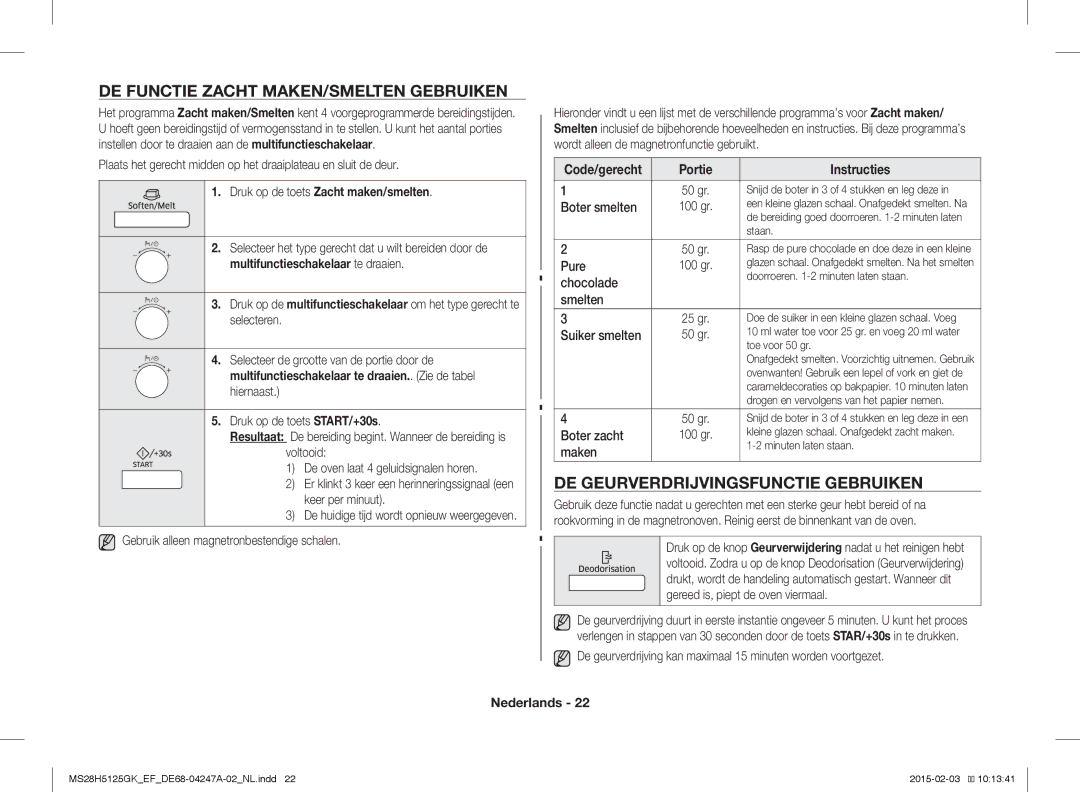 Samsung MS28H5125GK/EF manual DE Functie Zacht MAKEN/SMELTEN Gebruiken, DE Geurverdrijvingsfunctie Gebruiken 