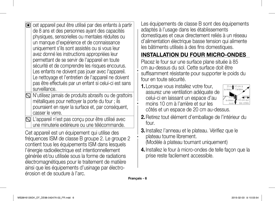 Samsung MS28H5125GK/EF manual Installation DU Four MICRO-ONDES 