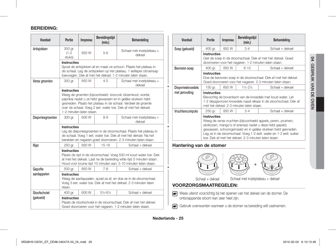 Samsung MS28H5125GK/EF manual Bereiding, Voorzorgsmaatregelen, Voedsel Portie, Behandeling 