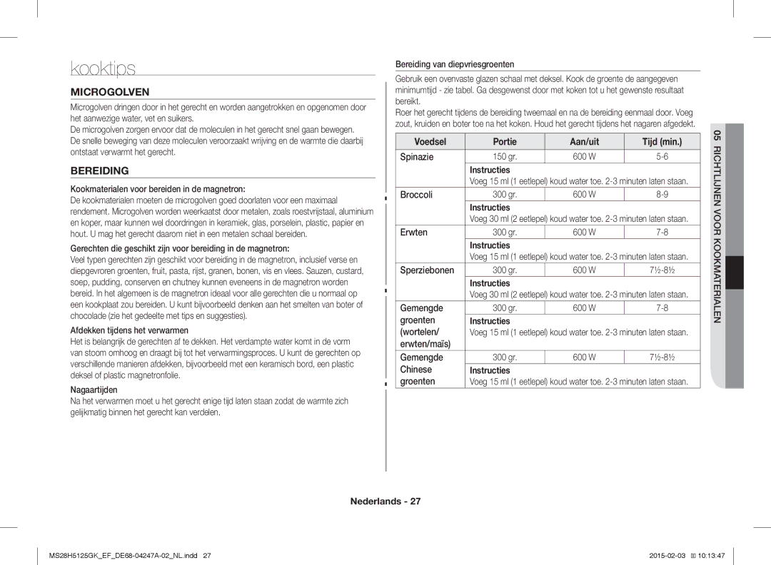 Samsung MS28H5125GK/EF manual Kooktips, Microgolven, Voedsel Portie Aan/uit Tijd min Spinazie 150 gr 