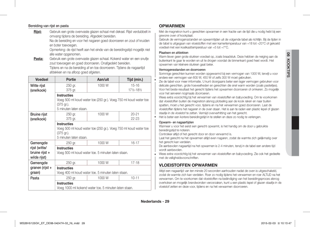 Samsung MS28H5125GK/EF manual Vloeistoffen Opwarmen 