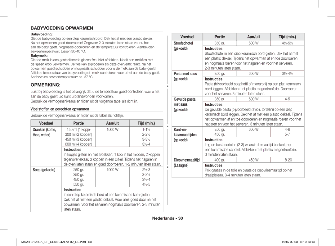 Samsung MS28H5125GK/EF manual Babyvoeding Opwarmen, Opmerking 