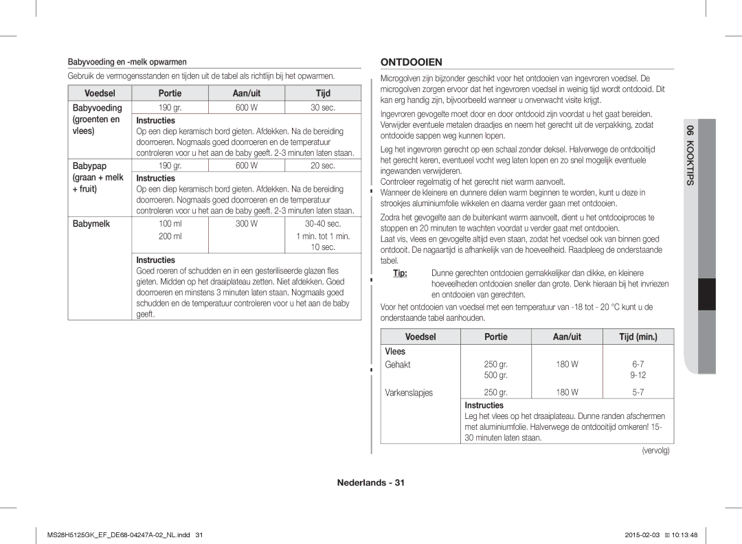 Samsung MS28H5125GK/EF manual Voedsel Portie Aan/uit Tijd 