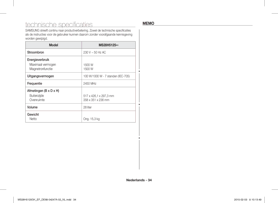 Samsung MS28H5125GK/EF manual Technische specificaties, Memo, Model MS28H5125, 100 W/1000 W 7 standen IEC-705 