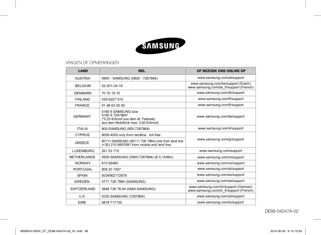 Samsung MS28H5125GK/EF manual 01 48 63 00, 0180 6, Samsung 80111 726 7864 only from land line 