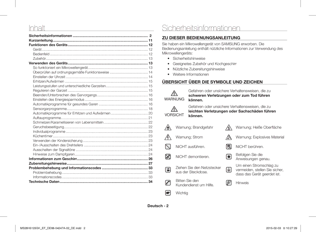 Samsung MS28H5125GK/EF Sicherheitsinformationen, ZU Dieser Bedienungsanleitung, Übersicht Über DIE Symbole UND Zeichen 