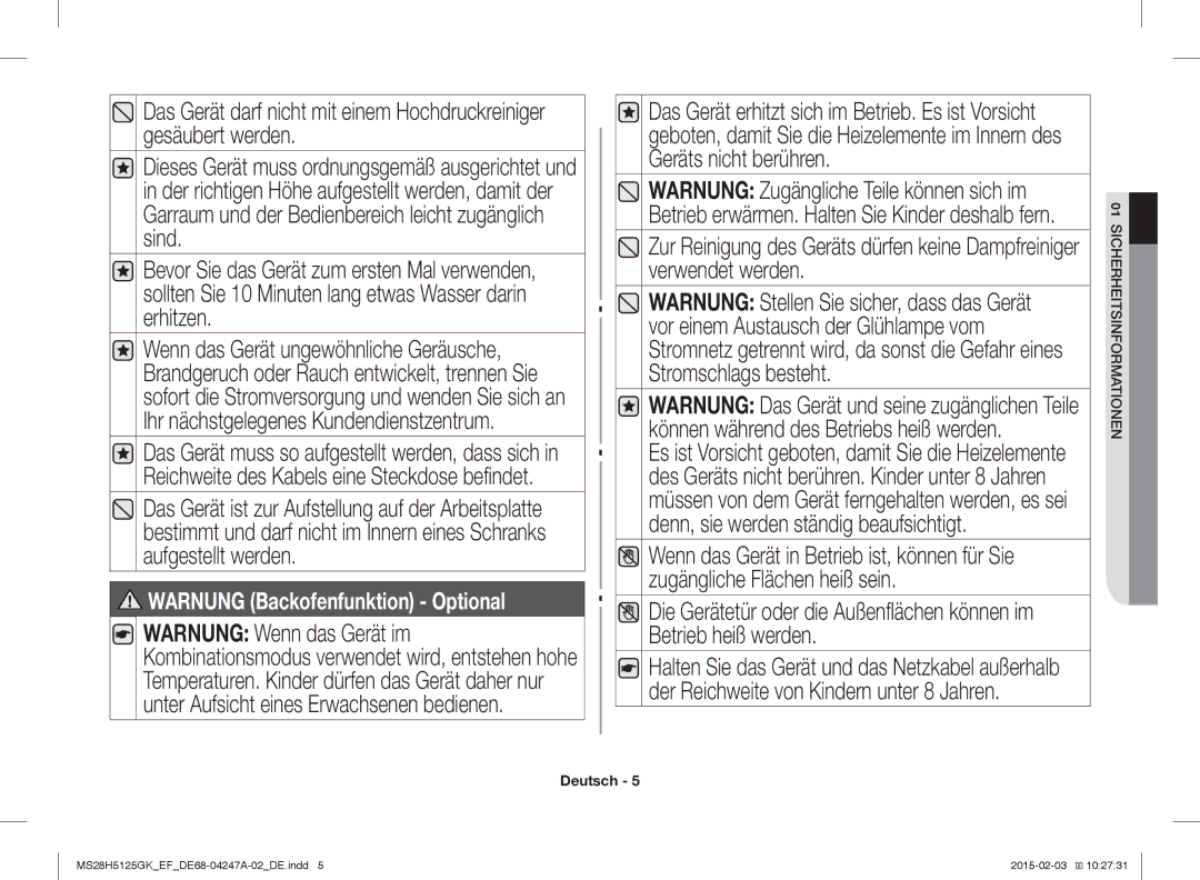 Samsung MS28H5125GK/EF manual Warnung Backofenfunktion Optional 