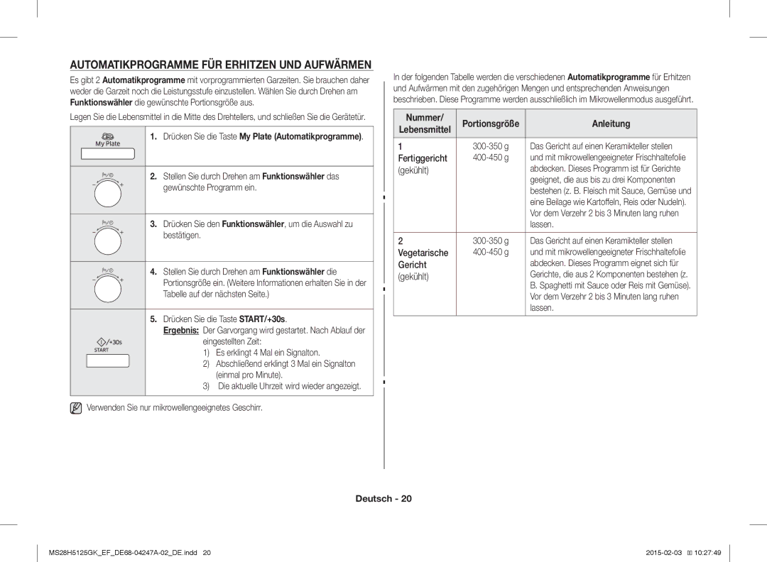 Samsung MS28H5125GK/EF manual Automatikprogramme FÜR Erhitzen UND Aufwärmen, Portionsgröße, Gekühlt, Lassen, Gericht 