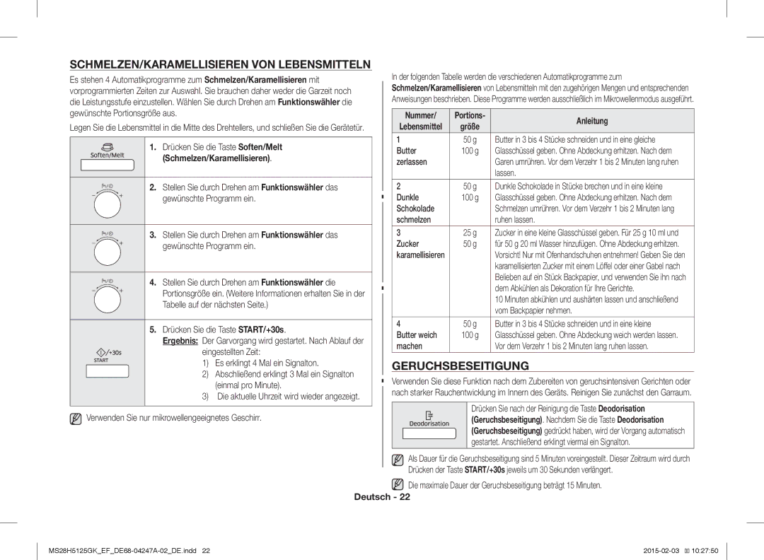 Samsung MS28H5125GK/EF manual SCHMELZEN/KARAMELLISIEREN VON Lebensmitteln, Geruchsbeseitigung, Schmelzen/Karamellisieren 