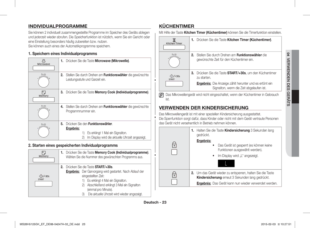 Samsung MS28H5125GK/EF manual Individualprogramme Küchentimer, Verwenden DER Kindersicherung 