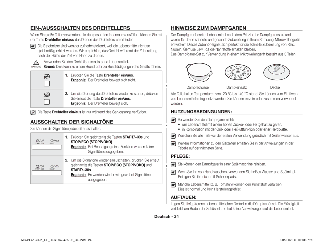 Samsung MS28H5125GK/EF manual EIN-/AUSSCHALTEN DES Drehtellers, Ausschalten DER Signaltöne, Hinweise ZUM Dampfgaren 