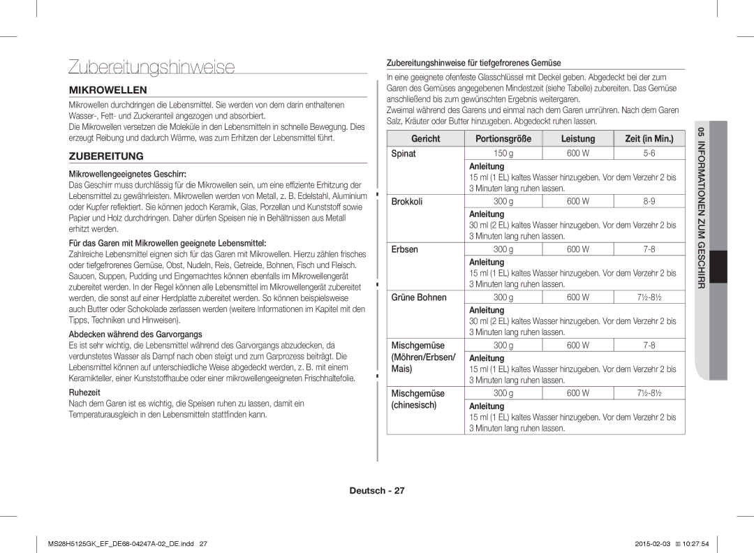 Samsung MS28H5125GK/EF manual Zubereitungshinweise, Mikrowellen, Leistung Zeit in Min 