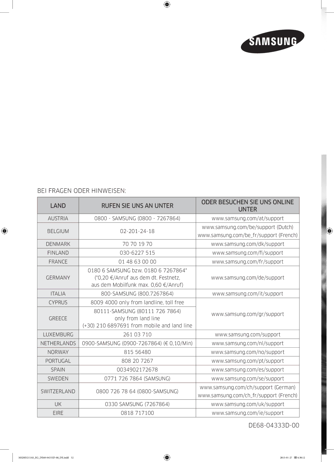 Samsung MS28J5215AB/EF, MS28J5215AB/EG manual BEI Fragen Oder Hinweisen Land Rufen SIE UNS AN Unter, DE68-04333D-00 