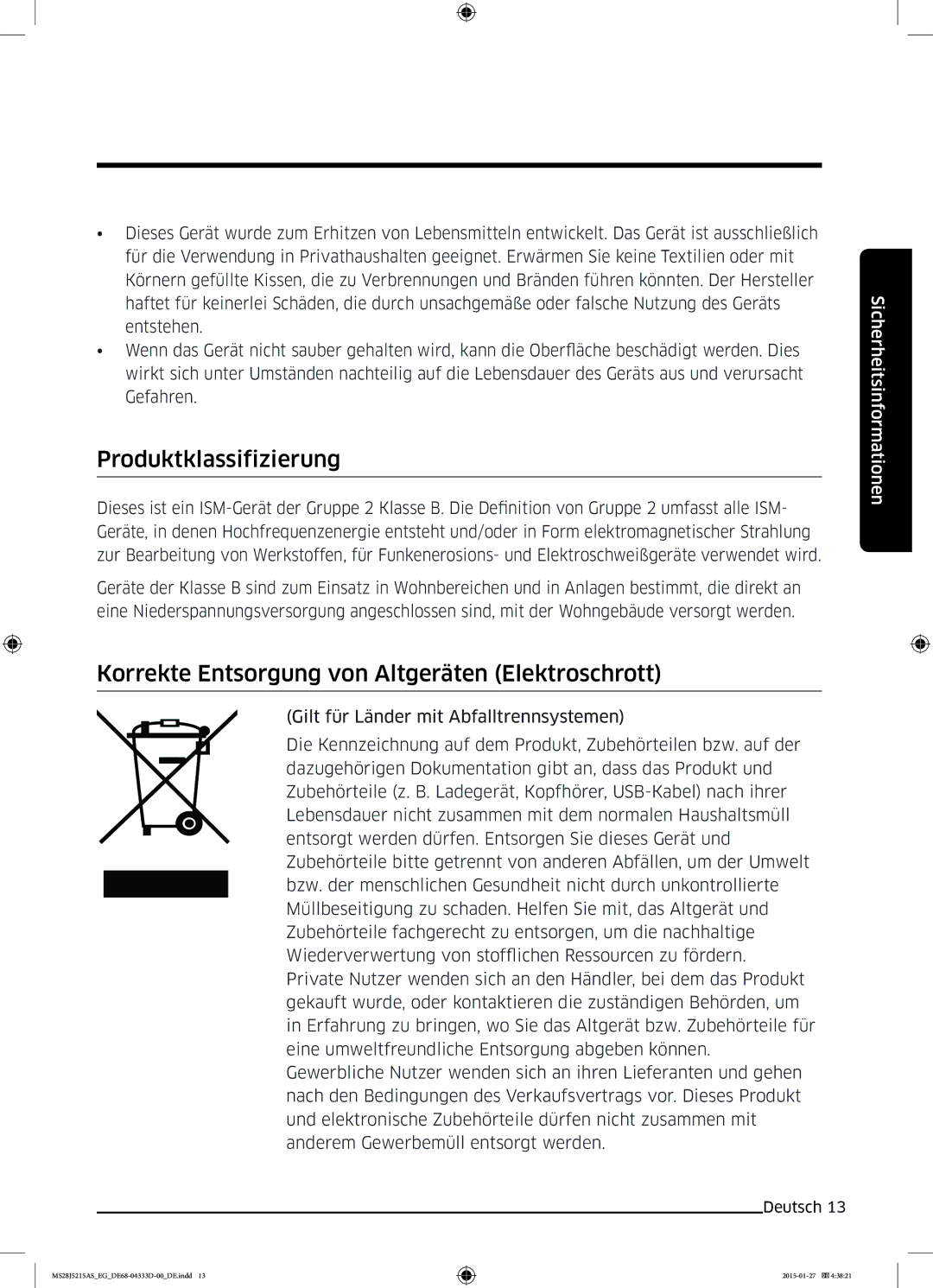 Samsung MS28J5215AB/EG, MS28J5215AB/EF manual Produktklassifizierung, Korrekte Entsorgung von Altgeräten Elektroschrott 