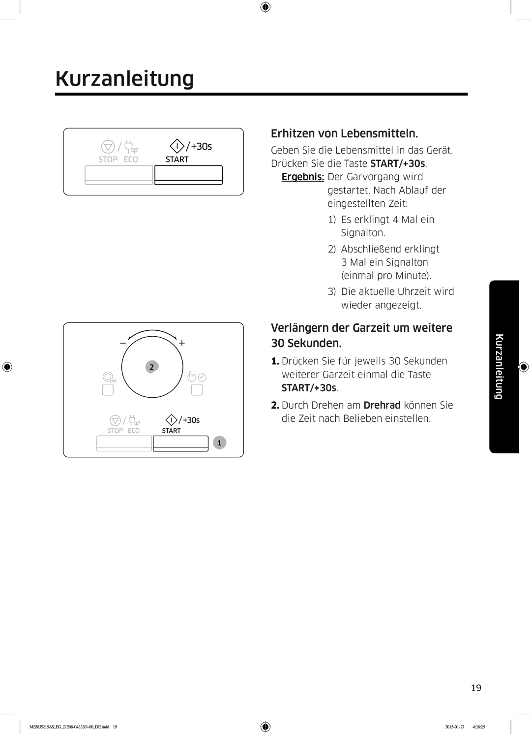 Samsung MS28J5215AB/EG, MS28J5215AB/EF manual Kurzanleitung, Erhitzen von Lebensmitteln 