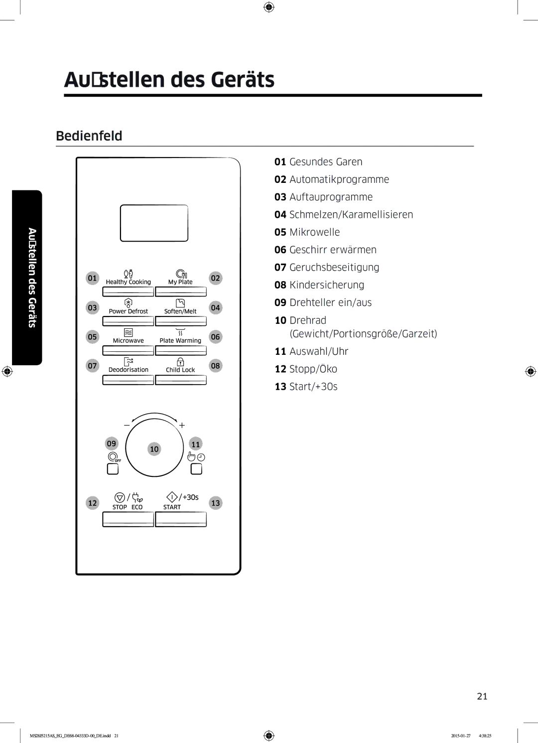 Samsung MS28J5215AB/EG, MS28J5215AB/EF manual Bedienfeld 