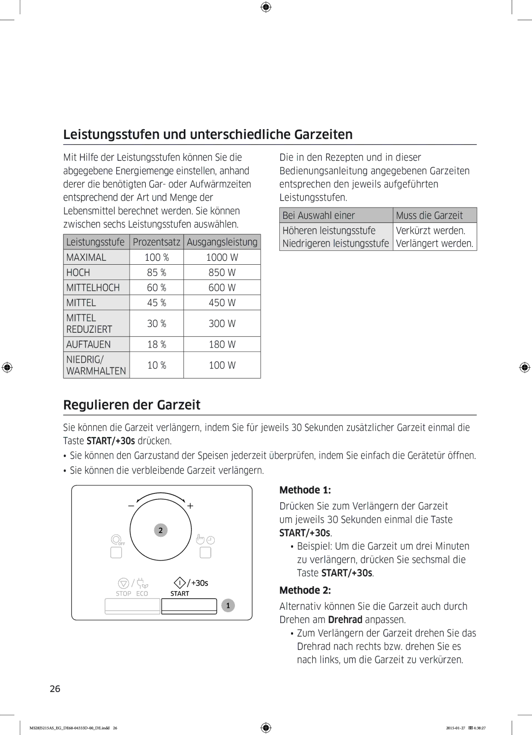 Samsung MS28J5215AB/EF, MS28J5215AB/EG manual Leistungsstufen und unterschiedliche Garzeiten, Regulieren der Garzeit 