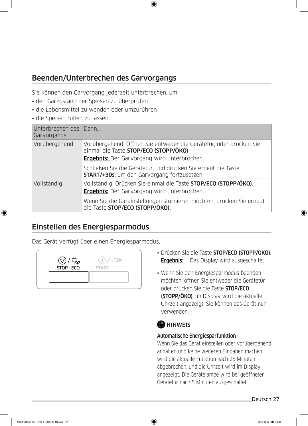 Samsung MS28J5215AB/EG, MS28J5215AB/EF manual Beenden/Unterbrechen des Garvorgangs, Einstellen des Energiesparmodus 