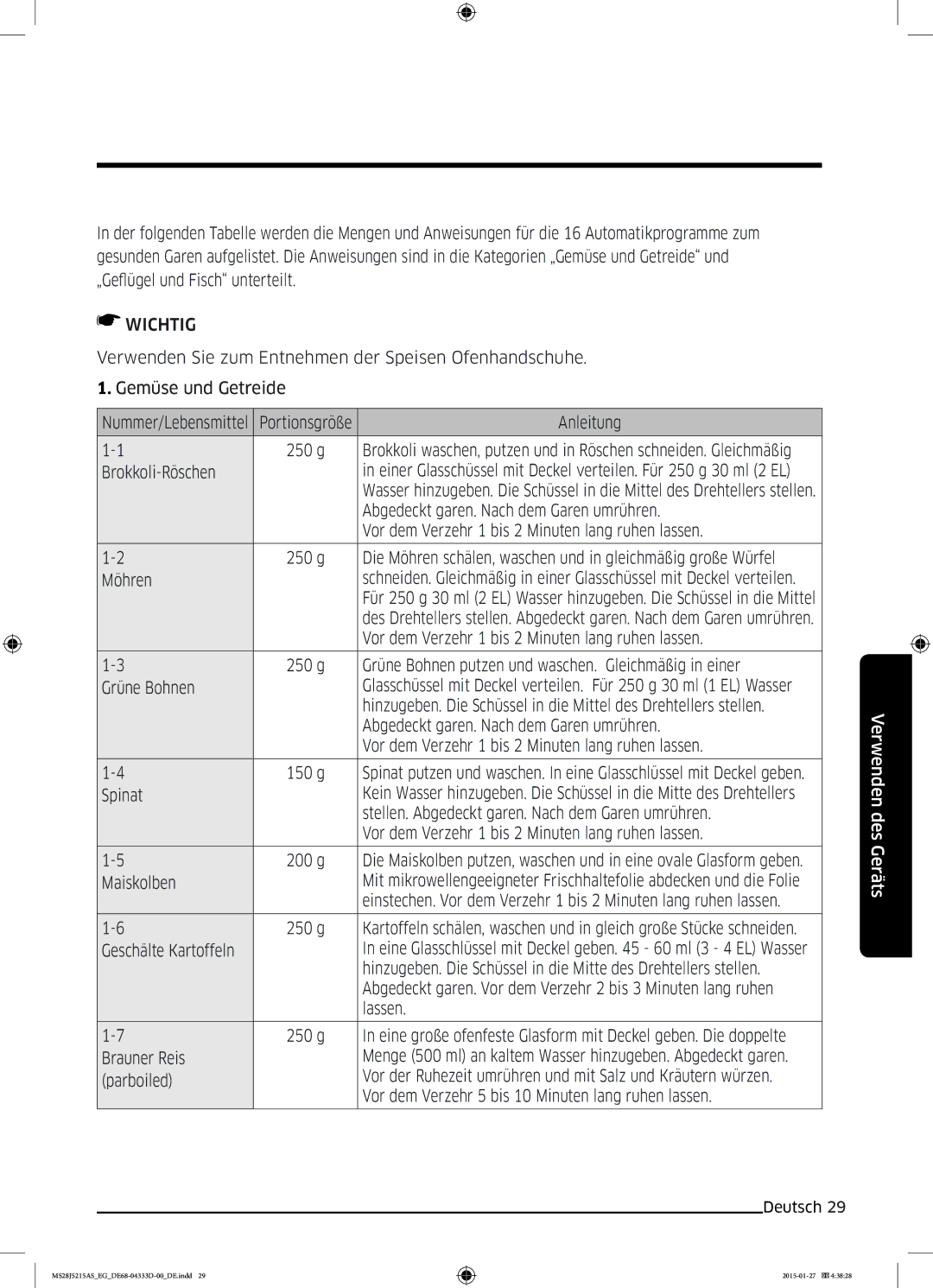 Samsung MS28J5215AB/EG Anleitung, Brokkoli-Röschen, Abgedeckt garen. Nach dem Garen umrühren, Möhren, Grüne Bohnen, Spinat 