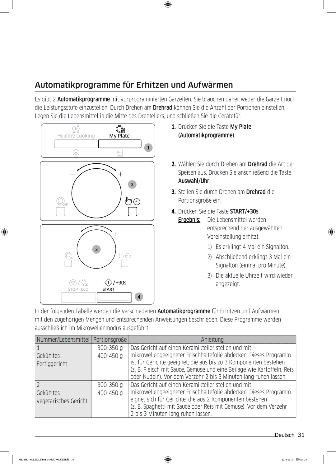 Samsung MS28J5215AB/EG Automatikprogramme für Erhitzen und Aufwärmen, Drücken Sie die Taste My Plate Automatikprogramme 