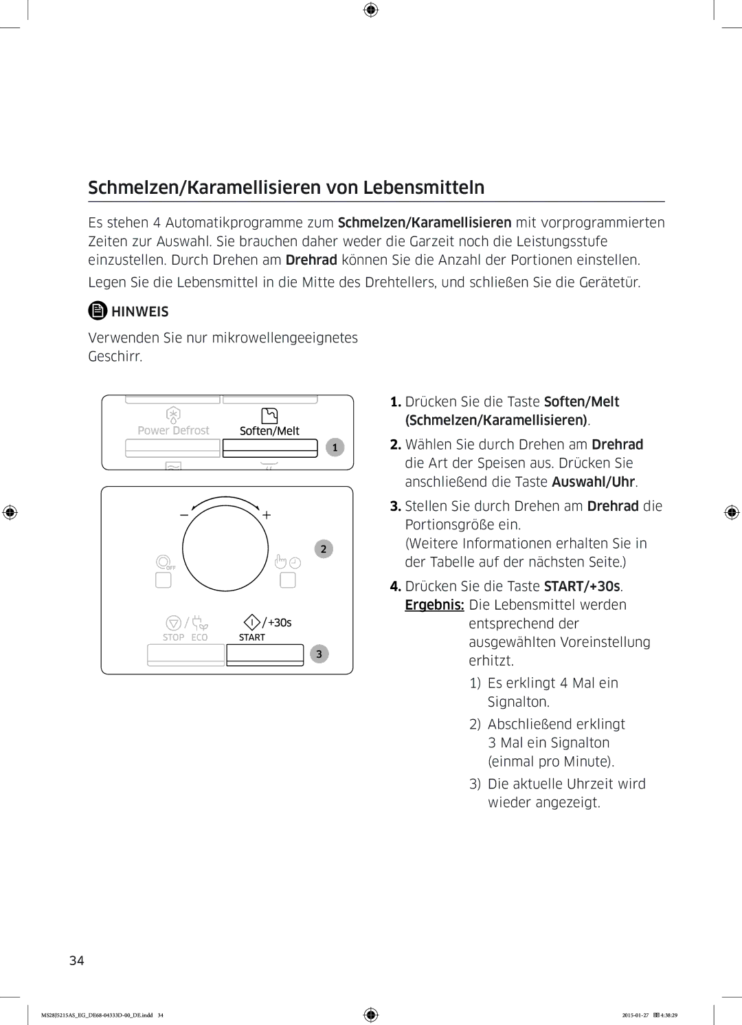 Samsung MS28J5215AB/EF, MS28J5215AB/EG manual Schmelzen/Karamellisieren von Lebensmitteln 