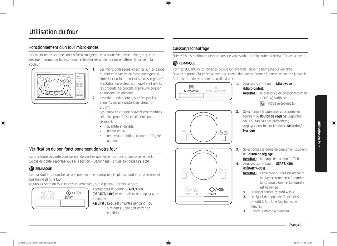 Samsung MS28J5215AB/EF manual Utilisation du four, Fonctionnement dun four micro-ondes, Cuisson/réchauffage, Horloge 