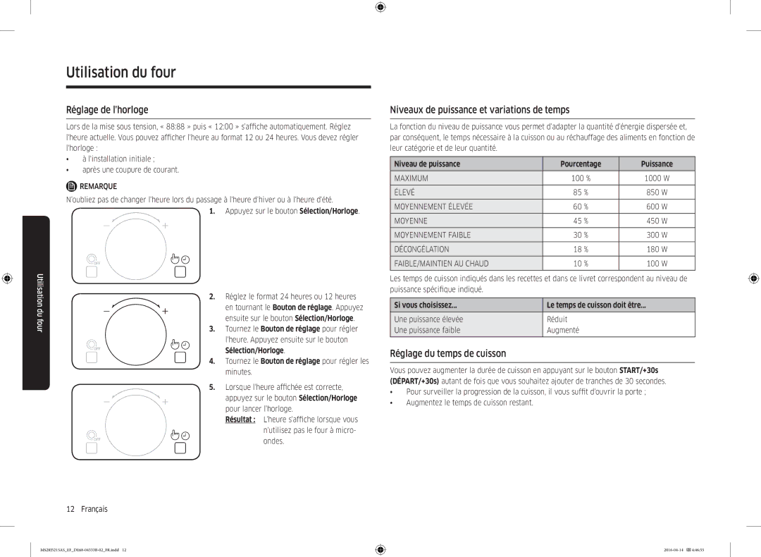 Samsung MS28J5215AW/EF manual Réglage de lhorloge, Niveaux de puissance et variations de temps, Réglage du temps de cuisson 