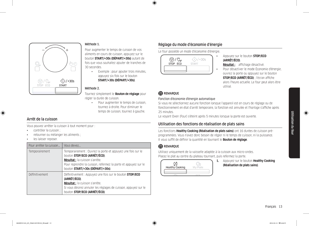 Samsung MS28J5215AS/EF, MS28J5215AW/EF, MS28J5215AB/EF manual Réglage du mode déconomie dénergie, Arrêt de la cuisson 