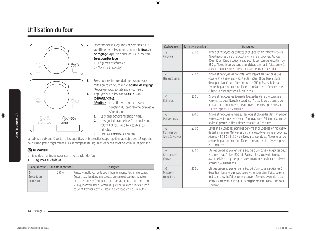 Samsung MS28J5215AB/EF Consignes, Brocolis en, Morceaux, Carottes, Cuisson Laissez reposer 1 à 2 minutes, Épinards, Étuvé 