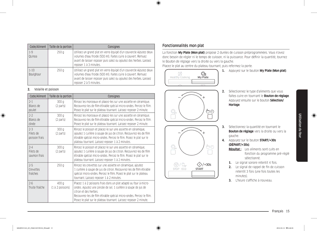 Samsung MS28J5215AW/EF, MS28J5215AS/EF, MS28J5215AB/EF manual Fonctionnalités mon plat 