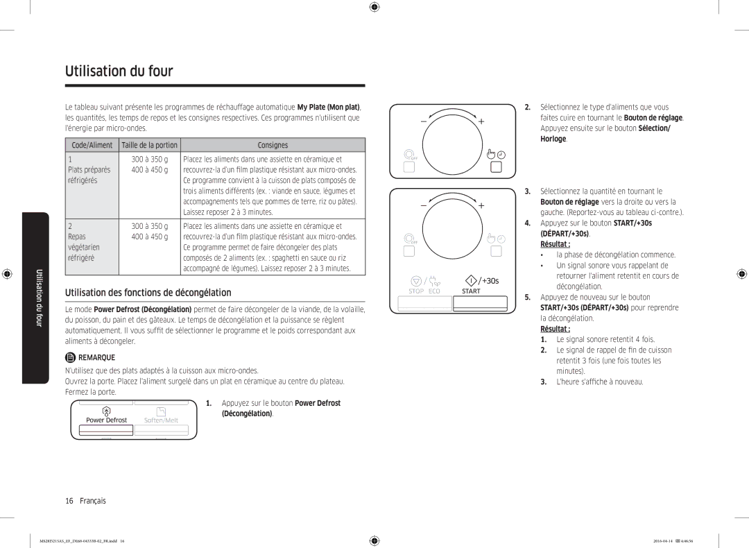 Samsung MS28J5215AS/EF, MS28J5215AW/EF, MS28J5215AB/EF manual Utilisation des fonctions de décongélation, Résultat 