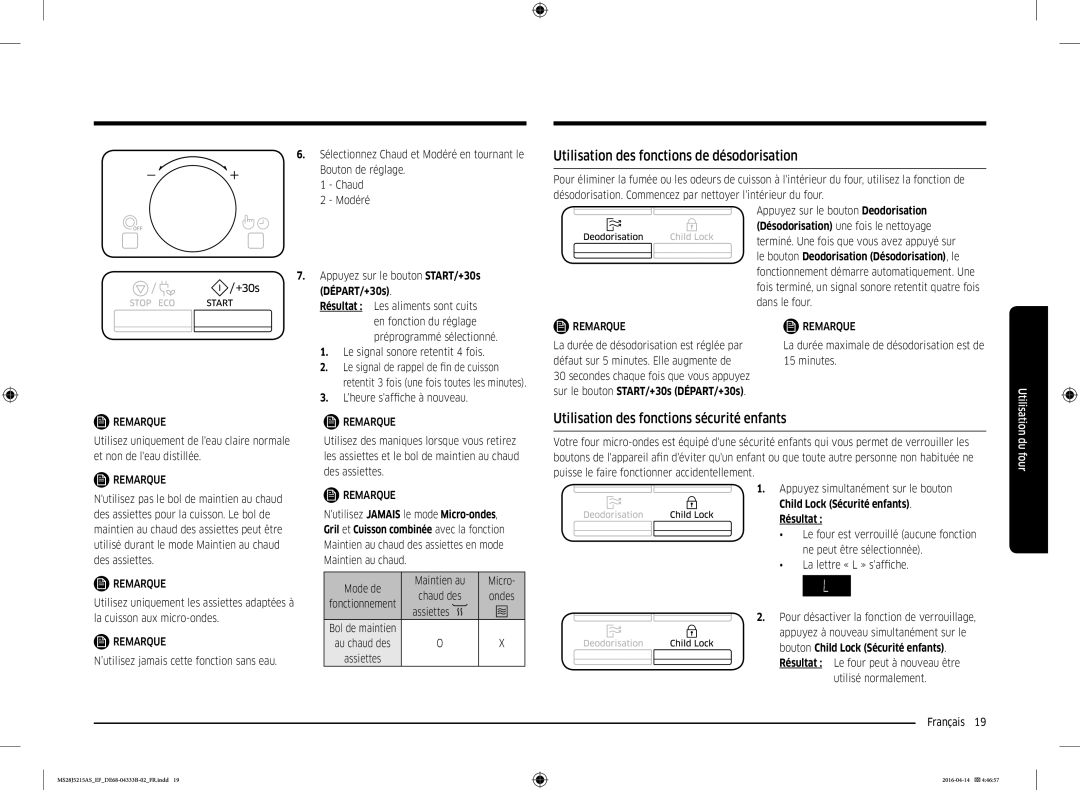 Samsung MS28J5215AS/EF manual Utilisation des fonctions de désodorisation, Utilisation des fonctions sécurité enfants 