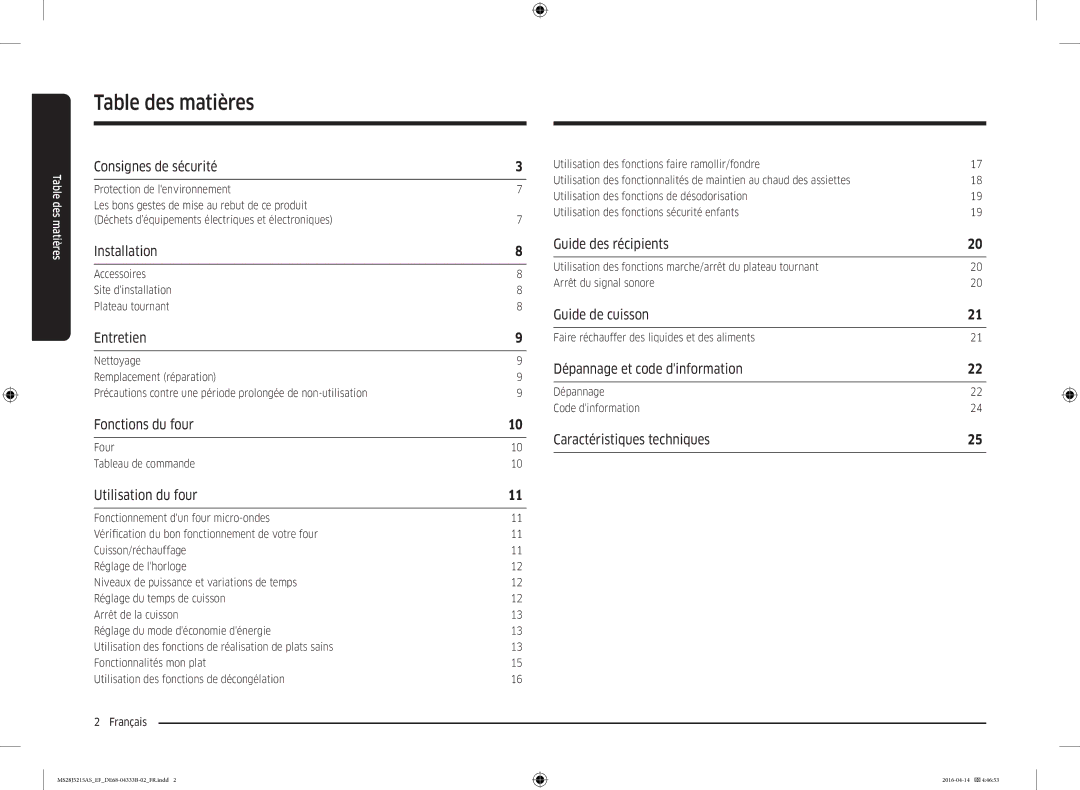 Samsung MS28J5215AB/EF, MS28J5215AW/EF, MS28J5215AS/EF manual Table des matières 