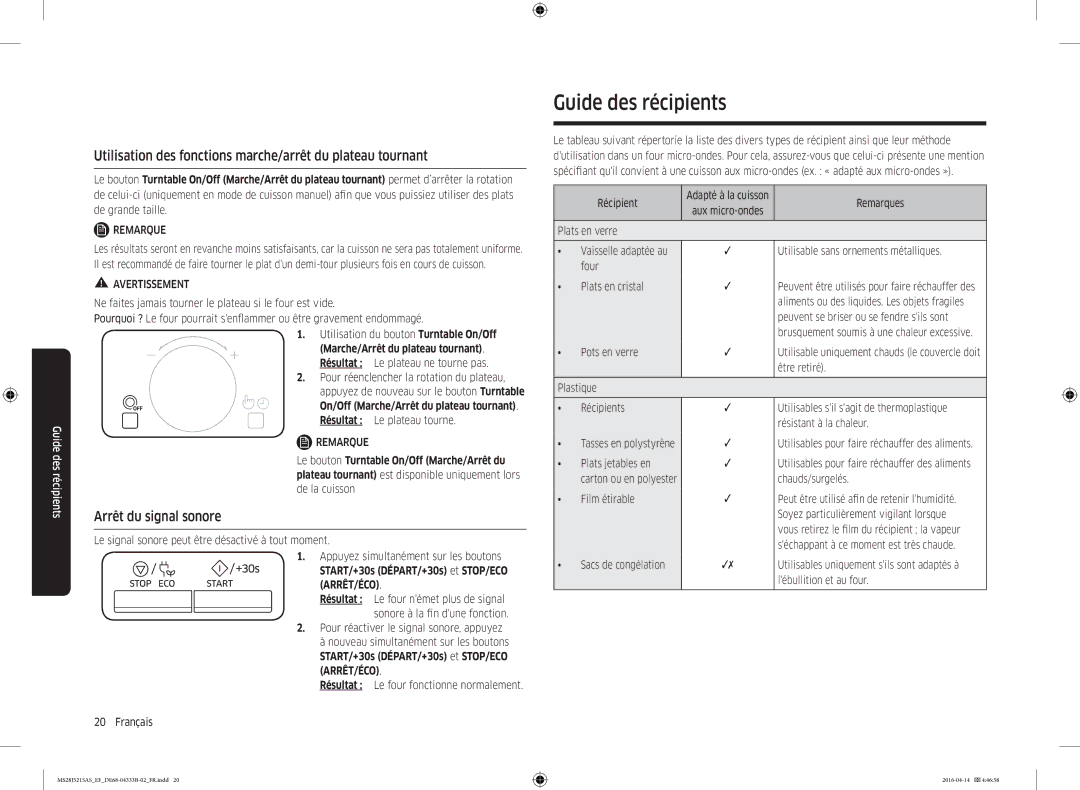 Samsung MS28J5215AB/EF, MS28J5215AW/EF Guide des récipients, Utilisation des fonctions marche/arrêt du plateau tournant 