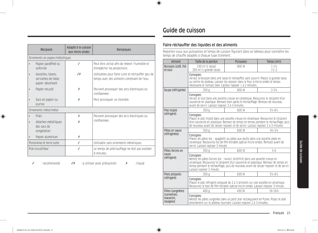 Samsung MS28J5215AW/EF, MS28J5215AS/EF, MS28J5215AB/EF manual Guide de cuisson, Faire réchauffer des liquides et des aliments 