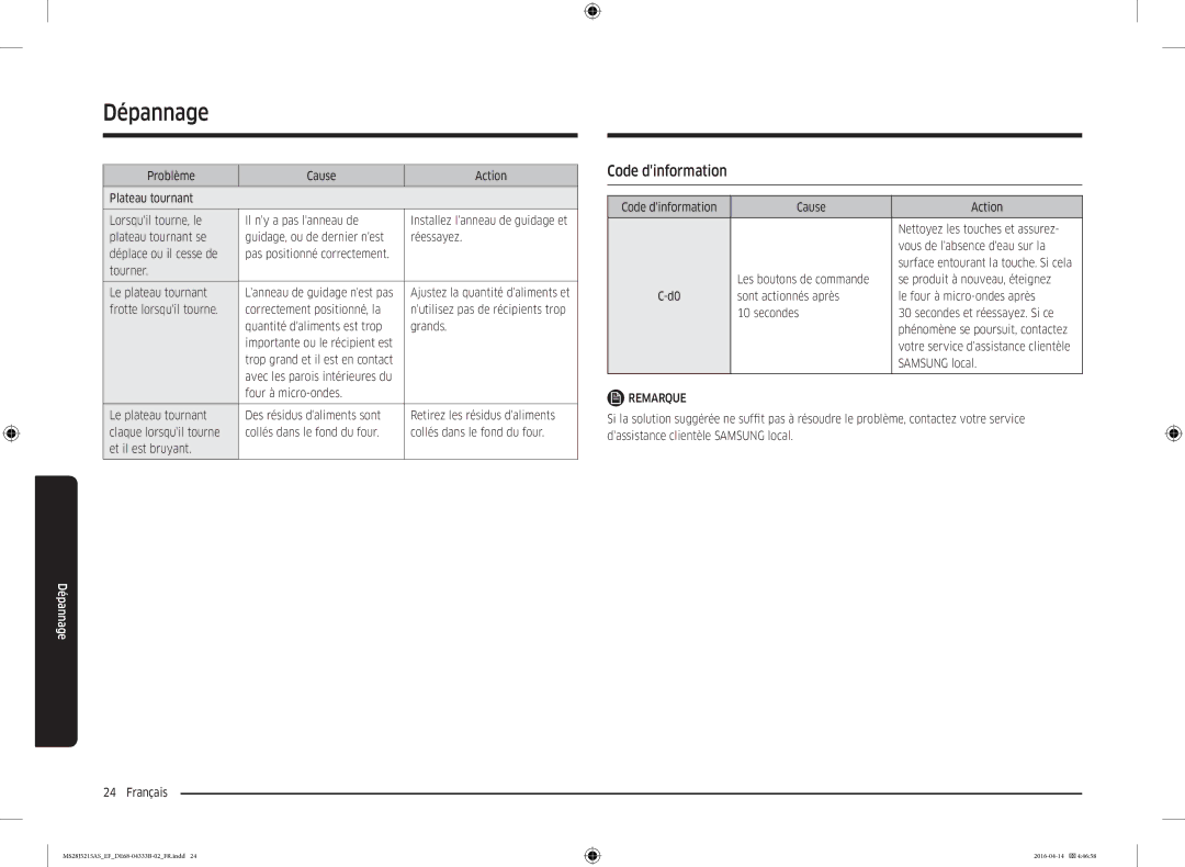 Samsung MS28J5215AW/EF, MS28J5215AS/EF, MS28J5215AB/EF manual Dépannage, Code dinformation, Samsung local 